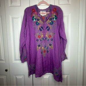 Johnny Was Boho Embroidered Linen Tunic Top Purple Floral Festival Blouse L